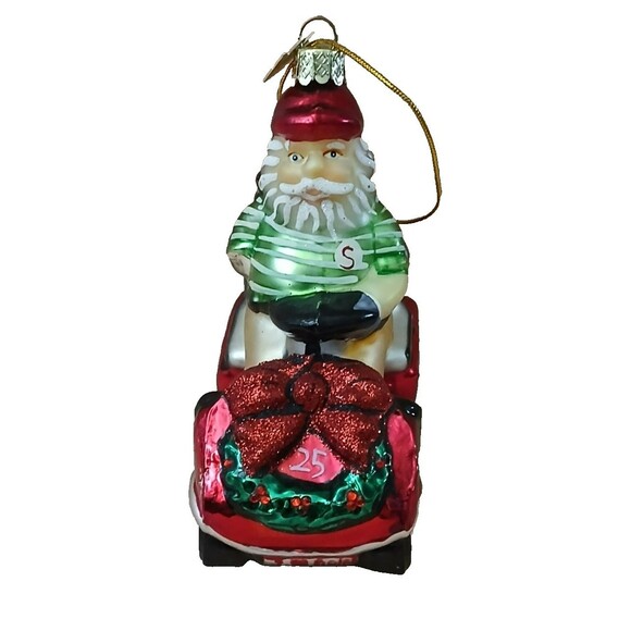 Santa Claus Driving Golf Cart "I love Golf" Glass Christmas Ornament Gift Idea - Picture 2 of 11